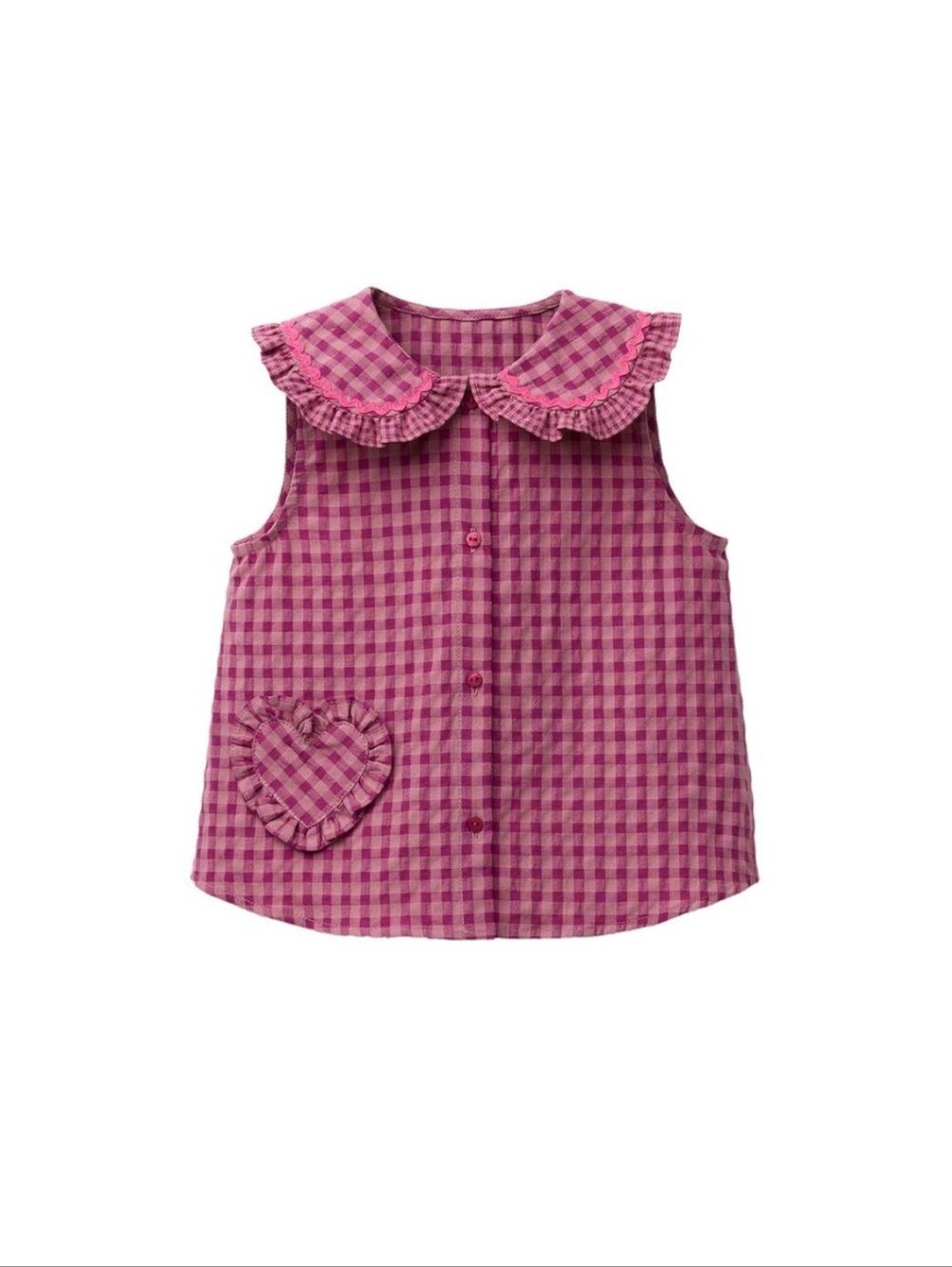 Classic Pink Gingham Ruffle Collar Kids Top And Bottom